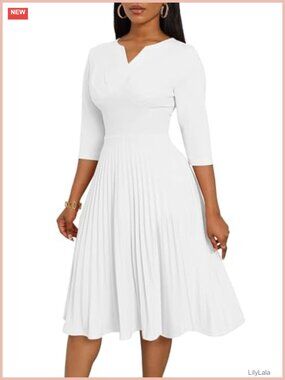 Pleated Midi Dress 3/4 Sleeve Empire Waist Church Dress with Pockets